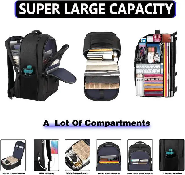 Alt view image 4 of 5 - Lapsouno Travel Laptop Backpack,17.3 Inch Business Laptop Backpack with USB Charging Port Sturdy Water Resistant Business Bookbag for Women Men College School (Black+Blue)