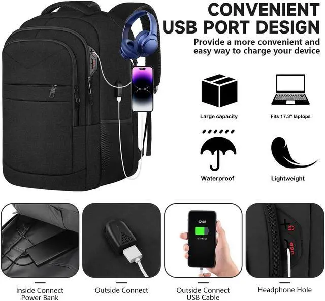 Alt view image 3 of 5 - Lapsouno Travel Laptop Backpack, Sturdy Large 17 inch Carry on Travel Backpack,TSA Flight Approved Carry on BackpackAnti-Theft USB School Bag (Black+Lake Green)