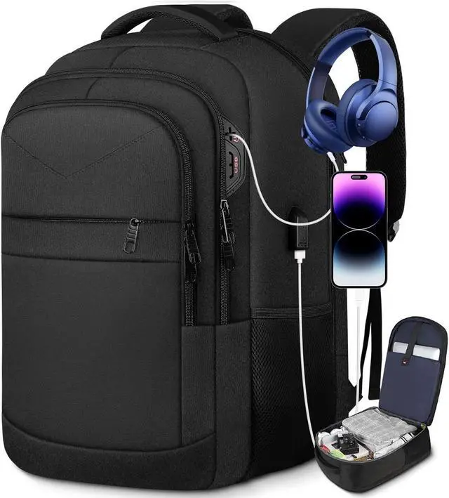 Alt view image 2 of 5 - Lapsouno Travel Laptop Backpack, Sturdy Large 17 inch Carry on Travel Backpack,TSA Flight Approved Carry on BackpackAnti-Theft USB School Bag (Black+Lake Green)