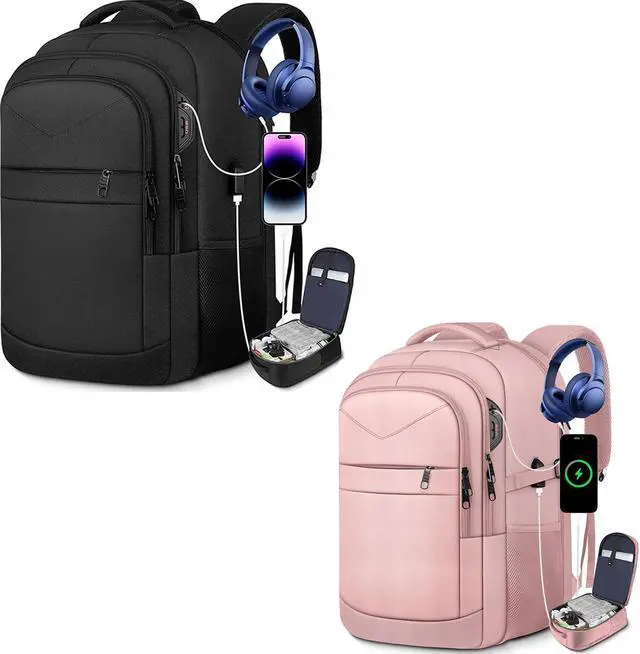 Main image of Lapsouno Travel Laptop Backpack,17.3 Inch Business Laptop Backpack with USB Charging Port Sturdy Water Resistant Business Bookbag for Women Men College School,couple backpack (Black+Light Pink)
