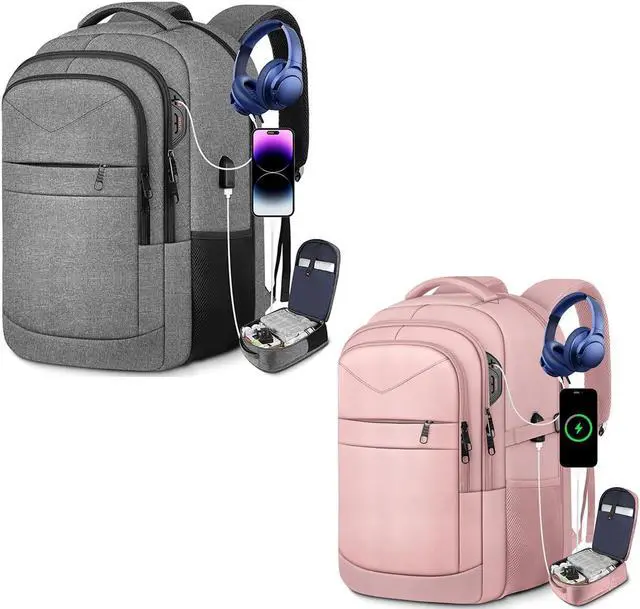 Main image of Lapsouno Travel Laptop Backpack,Sturdy Large 17 inch Carry on Travel Backpack,TSA Flight Approved Business Backpack,Waterproof Anti-Theft USB College Backpack,Backpack for Men Women (Grey+Light Pink)