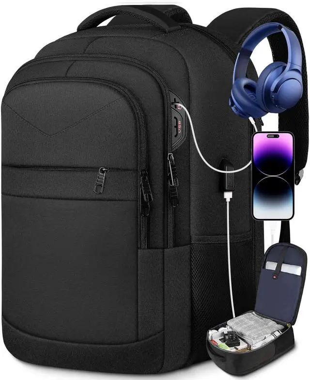 Alt view image 2 of 5 - Lapsouno Travel Laptop Backpack,17.3 Inch Business Laptop Backpack with USB Charging Port Sturdy Water Resistant Business Bookbag for Women Men College School,couple backpack (Black+Light Purple)