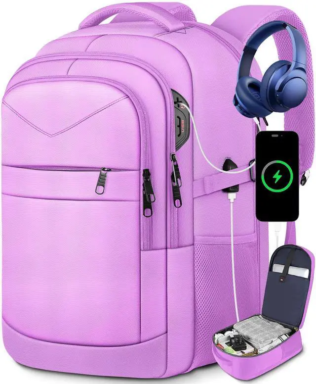 Alt view image 3 of 5 - Lapsouno Travel Laptop Backpack,17.3 Inch Business Laptop Backpack with USB Charging Port Sturdy Water Resistant Business Bookbag for Women Men College School,couple backpack (Black+Light Purple)