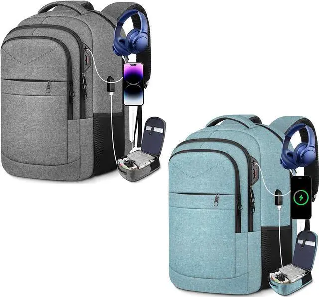 Main image of Lapsouno Travel Laptop Backpack,17.3 Inch Business Laptop Backpack with USB Charging Port Sturdy Water Resistant Business Bookbag for Women Men College School,couple backpack (Grey+Lake Green)