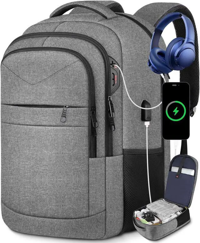 Alt view image 2 of 5 - Lapsouno Travel Laptop Backpack,17.3 Inch Business Laptop Backpack with USB Charging Port Sturdy Water Resistant Business Bookbag for Women Men College School,couple backpack (Grey+Lake Green)