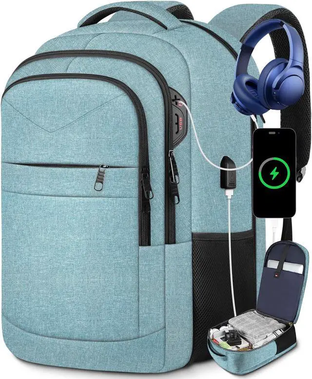 Alt view image 3 of 5 - Lapsouno Travel Laptop Backpack,17.3 Inch Business Laptop Backpack with USB Charging Port Sturdy Water Resistant Business Bookbag for Women Men College School,couple backpack (Grey+Lake Green)