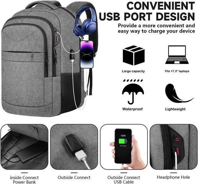 Alt view image 4 of 5 - Lapsouno Travel Laptop Backpack,17.3 Inch Business Laptop Backpack with USB Charging Port Sturdy Water Resistant Business Bookbag for Women Men College School,couple backpack (Grey+Lake Green)
