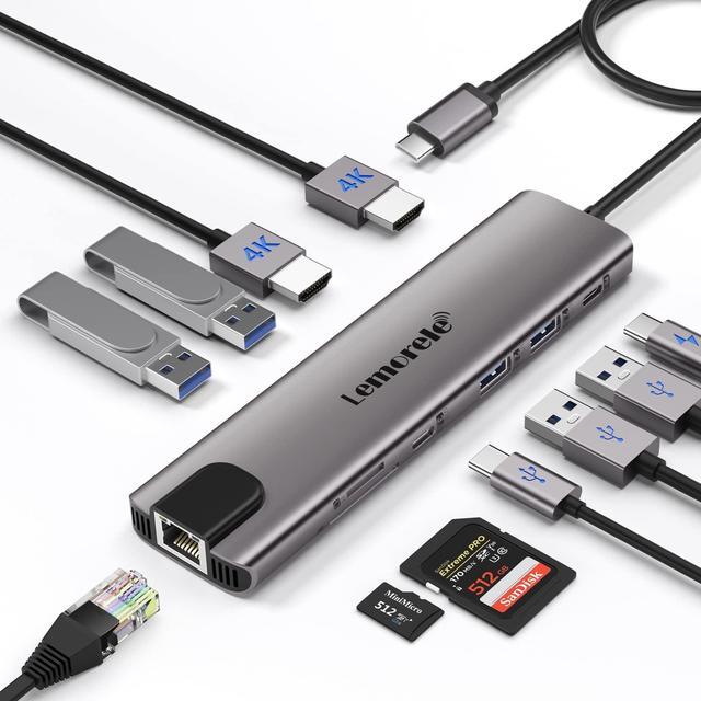 Main image of Lemorele 11 in 1 USB C Laptop Docking Station Dual Monitor Hub Adapter w/ 2 HDMI 4K, 100W PD, Ethernet, SD/TF, 2 USB 3.0, 2 USB 2.0, USB C 3.0 Data, for Dell HP Lenovo Surface Typc C Laptop