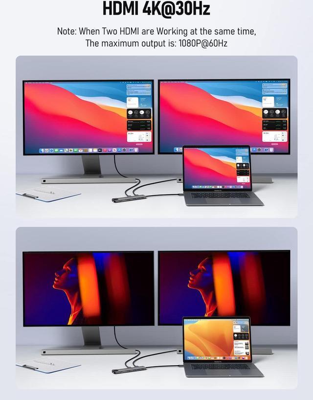 Alt view image 3 of 5 - Lemorele 11 in 1 USB C Laptop Docking Station Dual Monitor Hub Adapter w/ 2 HDMI 4K, 100W PD, Ethernet, SD/TF, 2 USB 3.0, 2 USB 2.0, USB C 3.0 Data, for Dell HP Lenovo Surface Typc C Laptop