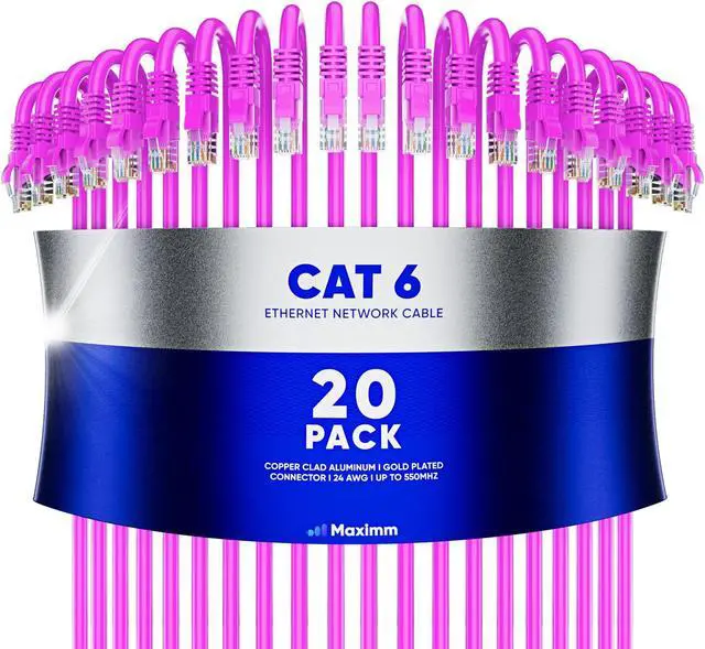 Main image of Maximm Cat 6 Ethernet Cable 3 ft (20-Pack) - High-Speed LAN Cable, Internet Cable, Patch Cable, and Network Cable - UTP, 10Gbps, 550MHz Ethernet Cord - Pink