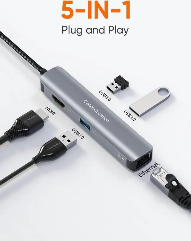 Alt view image 2 of 5 - USB C Hub Multiport Adapter, CableCreation 5-in-1 USB C Adapter Aluminum Shell with 4K HDMI, 1Gbps Ethernet, 3 USB 3.0 Ports for MacBook Pro/Air 2020/2019, iPad Pro 2020, Surface Go, XPS