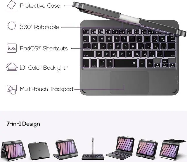 Alt view image 3 of 5 - typecase Keyboard Case for iPad Mini 6 - Trackpad - Wireless Case with Keyboard for iPad Mini 6th Generation 8.3" 2021-10 Colors Backlit Keyboard Cover - Dark Gray