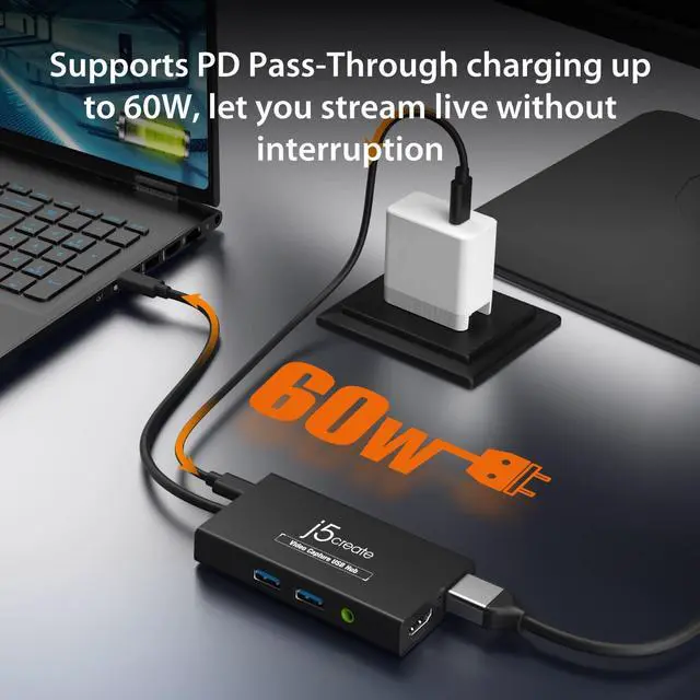 Alt view image 5 of 5 - j5create Video Capture Card with PD 60W pass-through charging, built-in multi-function hub, Suitable for Streaming, Live Broadcasting, Video Conference, Teaching, Gaming (JVA01)