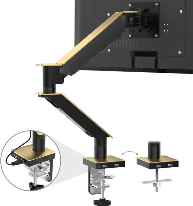 Main image of Gold Single Monitor Arm Mount - CTA Gold Monitor Mount for 23" to 35" Monitors - w/Dual USB 3.0 Hub Ports & Arm Clamp for Desks - Gold Color - (ADD-GSMAG)