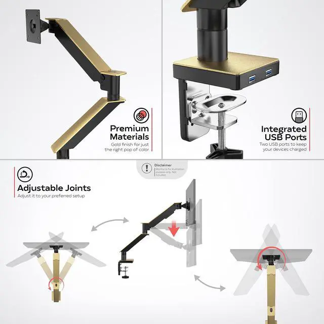 Alt view image 4 of 5 - Gold Single Monitor Arm Mount - CTA Gold Monitor Mount for 23" to 35" Monitors - w/Dual USB 3.0 Hub Ports & Arm Clamp for Desks - Gold Color - (ADD-GSMAG)