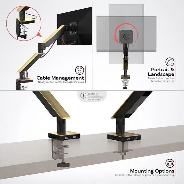 Alt view image 5 of 5 - Gold Single Monitor Arm Mount - CTA Gold Monitor Mount for 23" to 35" Monitors - w/Dual USB 3.0 Hub Ports & Arm Clamp for Desks - Gold Color - (ADD-GSMAG)