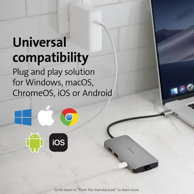 Alt view image 2 of 5 - Kensington UH1400P 8-in-1 USB-C Hub with 85W Pass Through Charging Power Delivery, 4K 60Hz HDMI, Ethernet, MicroSD Card, 3 USB-A 3.2 for M1 /M2 Macbook Pro Air, HP, Lenovo, iPad Pro, Silver (K33820WW)