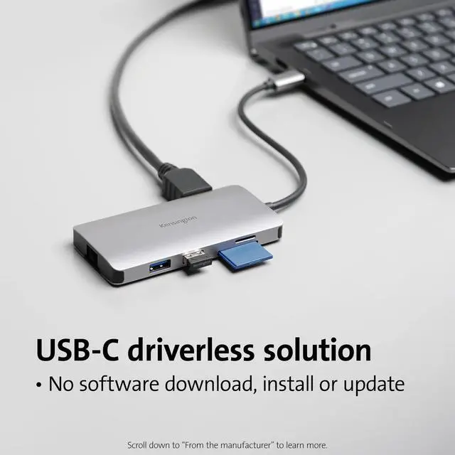 Alt view image 3 of 5 - Kensington UH1400P 8-in-1 USB-C Hub with 85W Pass Through Charging Power Delivery, 4K 60Hz HDMI, Ethernet, MicroSD Card, 3 USB-A 3.2 for M1 /M2 Macbook Pro Air, HP, Lenovo, iPad Pro, Silver (K33820WW)