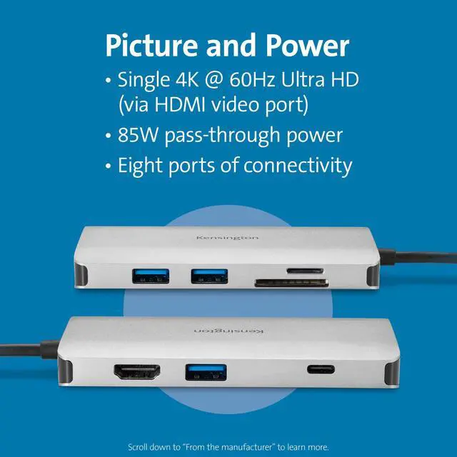Alt view image 5 of 5 - Kensington UH1400P 8-in-1 USB-C Hub with 85W Pass Through Charging Power Delivery, 4K 60Hz HDMI, Ethernet, MicroSD Card, 3 USB-A 3.2 for M1 /M2 Macbook Pro Air, HP, Lenovo, iPad Pro, Silver (K33820WW)
