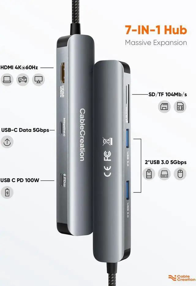 Alt view image 2 of 5 - USB C Hub Multiport Adapter, CableCreation 7-in-1 USB-C Hub with 4K 60Hz HDMI, 100W PD, USB-C and 2 USB 3.0 5Gbps Data Ports, SD/TF Card Slots for Steam Deck, MacBook Pro/Air, iPad Pro, Pixelbook, XPS