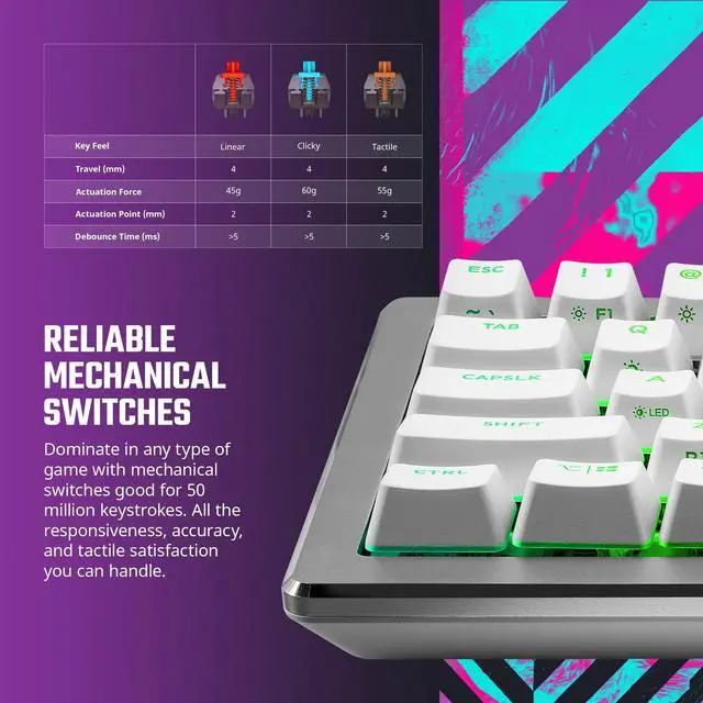 Alt view image 2 of 5 - Cooler Master CK721 65% Hybrid Wireless 2.4GHz/Bluetooth Silver/White Mechanical Gaming Keyboard, Click Blue Switches, Customizable RGB, Ergonomic Design, 3-Way Dial, QWERTY (CK-721-SKTL1-US)