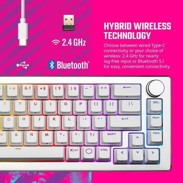 Alt view image 3 of 5 - Cooler Master CK721 65% Hybrid Wireless 2.4GHz/Bluetooth Silver/White Mechanical Gaming Keyboard, Click Blue Switches, Customizable RGB, Ergonomic Design, 3-Way Dial, QWERTY (CK-721-SKTL1-US)