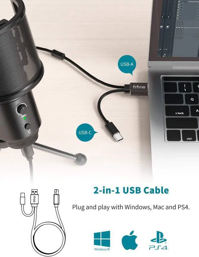 Alt view image 4 of 5 - FIFINE USB Desktop PC Microphone with Pop Filter for Computer and Mac, Studio Condenser Mic with Gain Control Mute Button Headphone Jack for Gaming Streaming Recording YouTube, Extra USB-C Plug -K683A