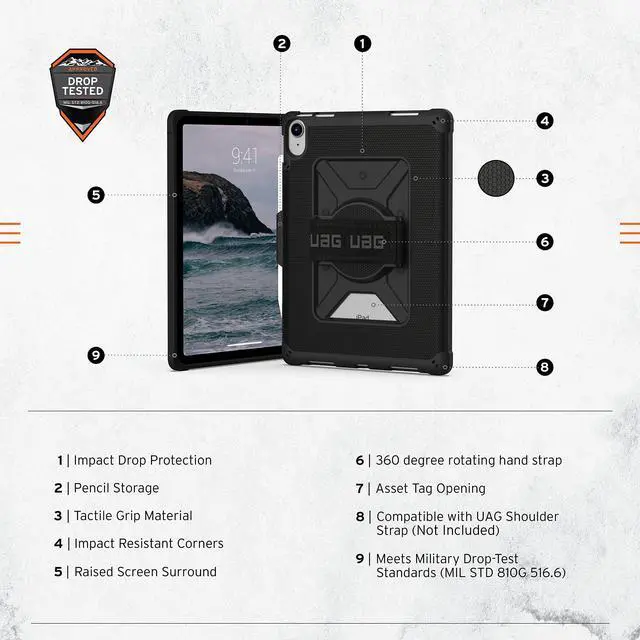 Alt view image 2 of 5 - URBAN ARMOR GEAR UAG Designed for iPad 11" A16 11th Gen 2025, 10.9" 10th Gen 2022 Case A3354 A3355 A2696 - Rugged Protective Folio Cover w/Adjustable Handstrap & Pencil Holder, Metropolis Black