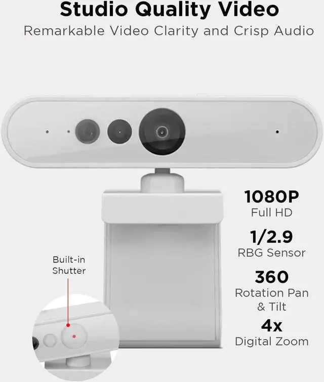 Alt view image 2 of 5 - Lenovo HD 1080p Webcam (510 FHD) - Monitor Camera with 4X Digital Zoom, 95deg Wide Angle, 360deg Rotation Pan & Tilt - Desktop Cam with Dual Microphones & Windows Hello for Livestreaming & Conferences