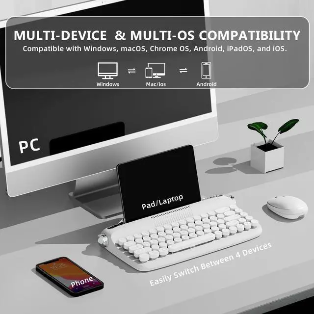Alt view image 2 of 5 - YUNZII Upgraded Wireless Keyboard, Retro Keyboard Typewriter Style with Integrated Stand, USB-C/Bluetooth Keyboard with Cute Round Keycaps for Multi Device for Win/Mac (B307, Snow White)