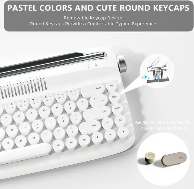 Alt view image 4 of 5 - YUNZII Upgraded Wireless Keyboard, Retro Keyboard Typewriter Style with Integrated Stand, USB-C/Bluetooth Keyboard with Cute Round Keycaps for Multi Device for Win/Mac (B307, Snow White)