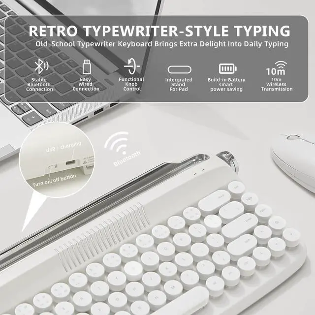 Alt view image 3 of 5 - YUNZII Upgraded Wireless Keyboard, Retro Keyboard Typewriter Style with Integrated Stand, USB-C/Bluetooth Keyboard with Cute Round Keycaps for Multi Device for Win/Mac (B307, Snow White)