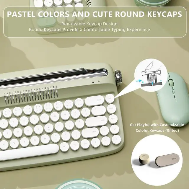 Alt view image 4 of 5 - YUNZII Upgraded Wireless Typewriter Keyboard, Retro Aesthetic with Integrated Stand,Cute Round Keycaps, USB-C/Bluetooth Connection for Table, Phone, PC and Win/Mac/Android (B307, Sweet Mint)