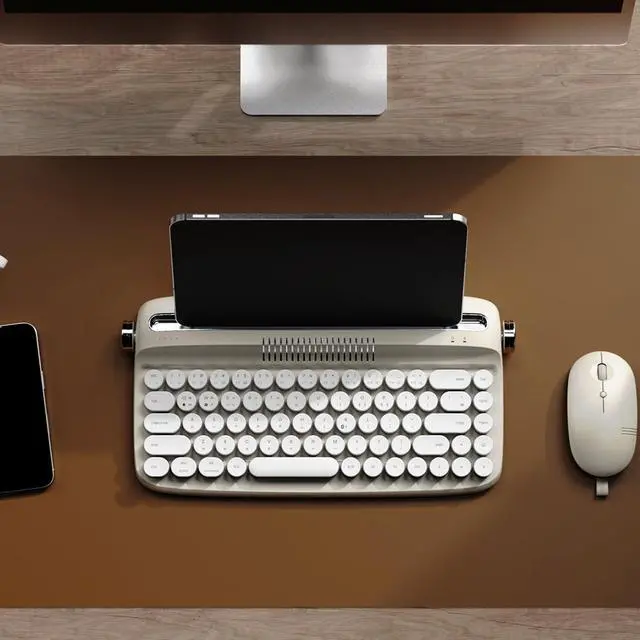 Alt view image 2 of 5 - YUNZII Upgraded Wireless Keyboard, Retro Keyboard Typewriter Style with Integrated Stand, USB-C/Bluetooth Keyboard with Cute Round Keycaps for Multi Device for Win/Mac (B307, Sand Beige)