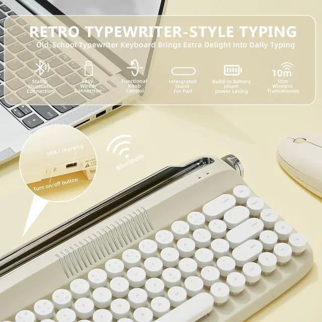 Alt view image 3 of 5 - YUNZII Upgraded Wireless Keyboard, Retro Keyboard Typewriter Style with Integrated Stand, USB-C/Bluetooth Keyboard with Cute Round Keycaps for Multi Device for Win/Mac (B307, Sand Beige)