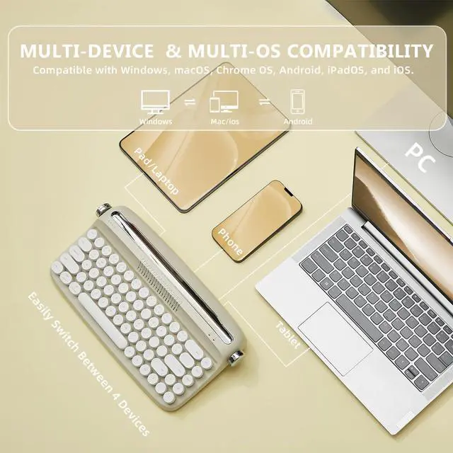 Alt view image 4 of 5 - YUNZII Upgraded Wireless Keyboard, Retro Keyboard Typewriter Style with Integrated Stand, USB-C/Bluetooth Keyboard with Cute Round Keycaps for Multi Device for Win/Mac (B307, Sand Beige)