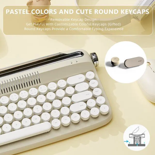 Alt view image 5 of 5 - YUNZII Upgraded Wireless Keyboard, Retro Keyboard Typewriter Style with Integrated Stand, USB-C/Bluetooth Keyboard with Cute Round Keycaps for Multi Device for Win/Mac (B307, Sand Beige)