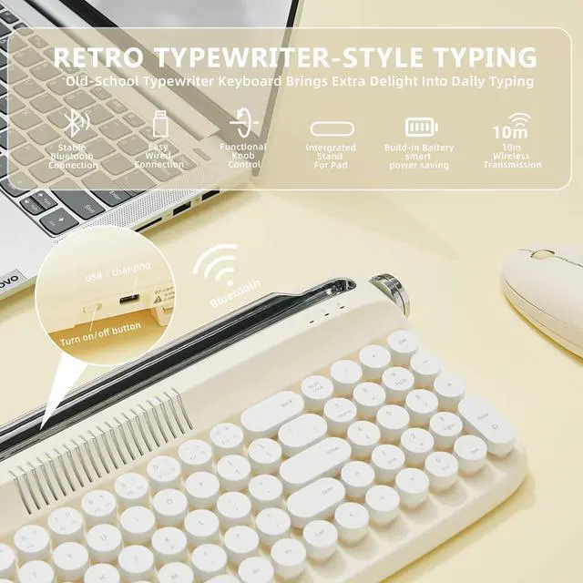 Alt view image 2 of 5 - YUNZII Upgraded Wireless Typewriter Keyboard,with Retro Integrated Stand,USB-C/Bluetooth,Cute Round Keycaps, USB-C/Bluetooth Connection for Table, Phone, PC and Win/Mac/Android (B309, Ivory Butter)