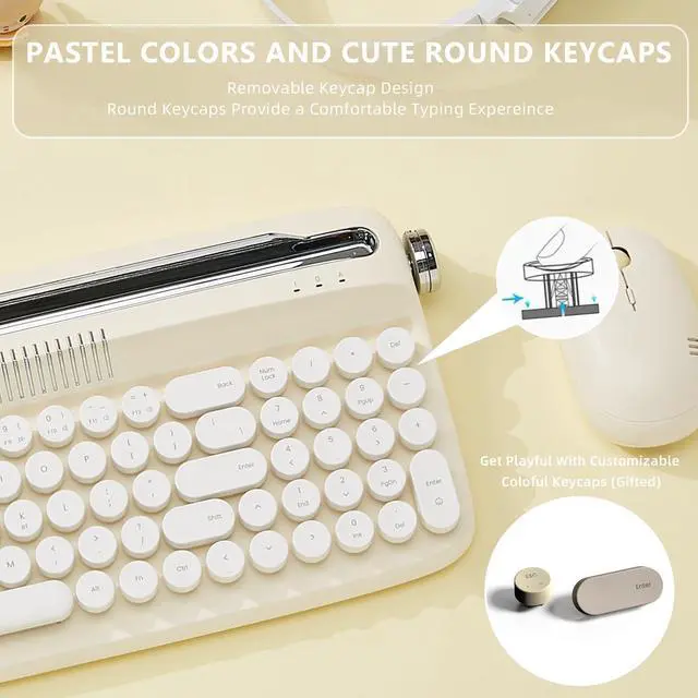Alt view image 3 of 5 - YUNZII Upgraded Wireless Typewriter Keyboard,with Retro Integrated Stand,USB-C/Bluetooth,Cute Round Keycaps, USB-C/Bluetooth Connection for Table, Phone, PC and Win/Mac/Android (B309, Ivory Butter)