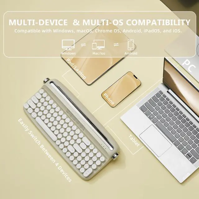 Alt view image 5 of 5 - YUNZII Upgraded Wireless Typewriter Keyboard,with Retro Integrated Stand,USB-C/Bluetooth,Cute Round Keycaps, USB-C/Bluetooth Connection for Table, Phone, PC and Win/Mac/Android (B309, Ivory Butter)