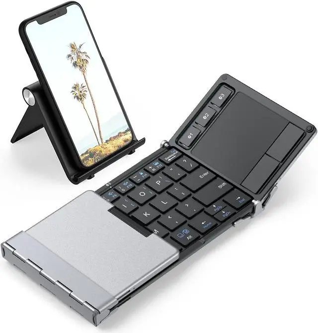 Main image of iClever Foldable Keyboard, BK08 Foldable Bluetooth Keyboard with Touchpad, Aluminum Build, USB-C Charge, Equipped with Stand Holder and Carrying Bag, Portable for Laptop, iPad, iPhone, Silver