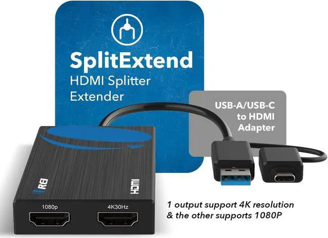 Alt view image 4 of 5 - OREI SplitExtend HDMI Splitter Extended Display for Dual Monitor - Multi-Monitor Display 3 Separate Screens - USB A & USB-C Adapter to HDMI 2.0, 4K@30Hz Output 1, 1080p Output 2 for Windows, Mac OS G