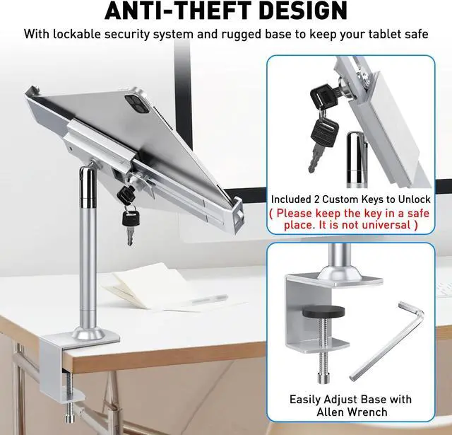 Alt view image 2 of 5 - AboveTEK Anti Theft Locking Tablet Stand Holder - 360/320 POS Swivel - Lockable Tablet Security Stand Lock, Desktop Table Clamp Mount Fits 7 to 11 Inch iPad Fire Microsoft Galaxy Tab Google (Silver)