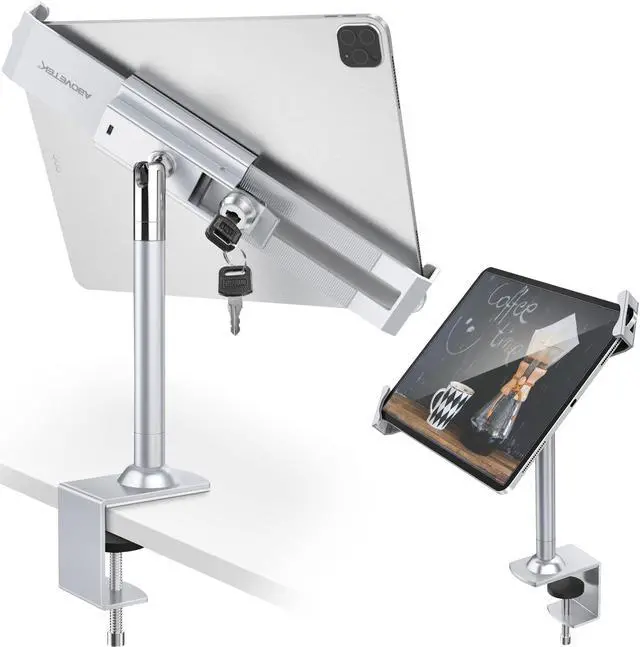Main image of AboveTEK Anti Theft Locking Tablet Stand Holder - 360/320 POS Swivel - Lockable Tablet Security Stand Lock, Desktop Table Clamp Mount Fits 7 to 11 Inch iPad Fire Microsoft Galaxy Tab Google (Silver)