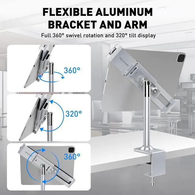 Alt view image 5 of 5 - AboveTEK Anti Theft Locking Tablet Stand Holder - 360/320 POS Swivel - Lockable Tablet Security Stand Lock, Desktop Table Clamp Mount Fits 7 to 11 Inch iPad Fire Microsoft Galaxy Tab Google (Silver)