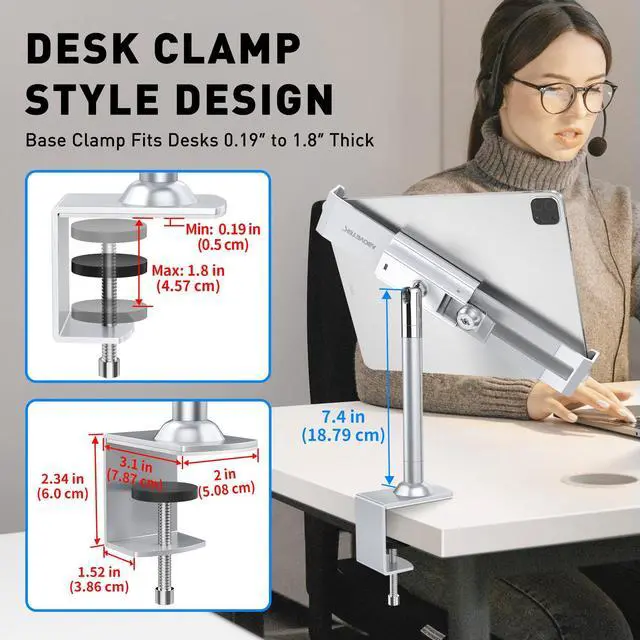 Alt view image 4 of 5 - AboveTEK Anti Theft Locking Tablet Stand Holder - 360/320 POS Swivel - Lockable Tablet Security Stand Lock, Desktop Table Clamp Mount Fits 7 to 11 Inch iPad Fire Microsoft Galaxy Tab Google (Silver)
