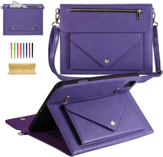 Main image of Dteck Business Case for iPad Pro 11 Inch 4th/3rd/2nd/1st Gen,iPad Air 11 Inch Case,iPad Air 4th/5th Gen Case,PU Leather Flip Stand Cover Pencil Holder Zipper Pocket Bag Strap Protective Case,Purple