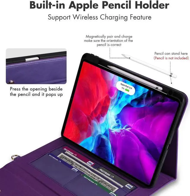 Alt view image 3 of 5 - Dteck Business Case for iPad Pro 11 Inch 4th/3rd/2nd/1st Gen,iPad Air 11 Inch Case,iPad Air 4th/5th Gen Case,PU Leather Flip Stand Cover Pencil Holder Zipper Pocket Bag Strap Protective Case,Purple