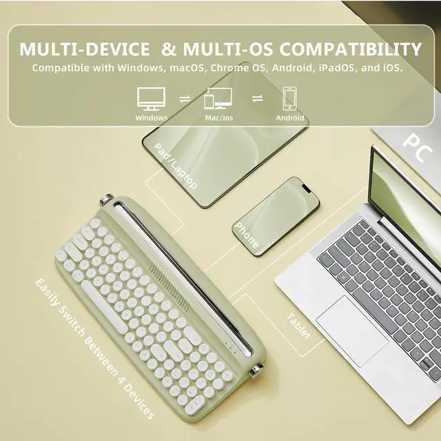 Alt view image 3 of 5 - YUNZII Upgraded Wireless Keyboard, Retro Typewriter Style with Integrated Stand, USB-C/Bluetooth with Cute Round Keycaps for Multi Device for Win/Mac (B309, Sweet Mint)