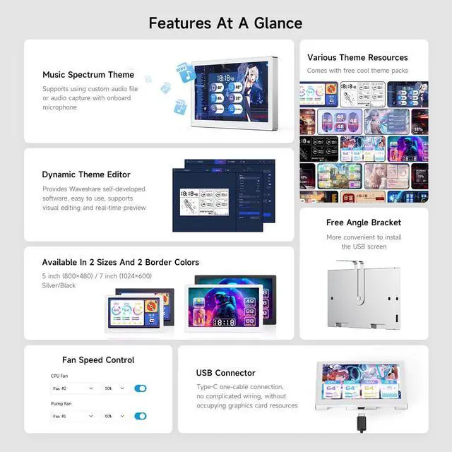 Alt view image 4 of 5 - waveshare 7inch USB Monitor, PC Case Secondary Screen/Desktop RGB Ambient Screen, IPS Panel, 1024x600 Resolution, with Music Spectrum Analysis Function, Type-C Interface, CNC Metal Case, Black